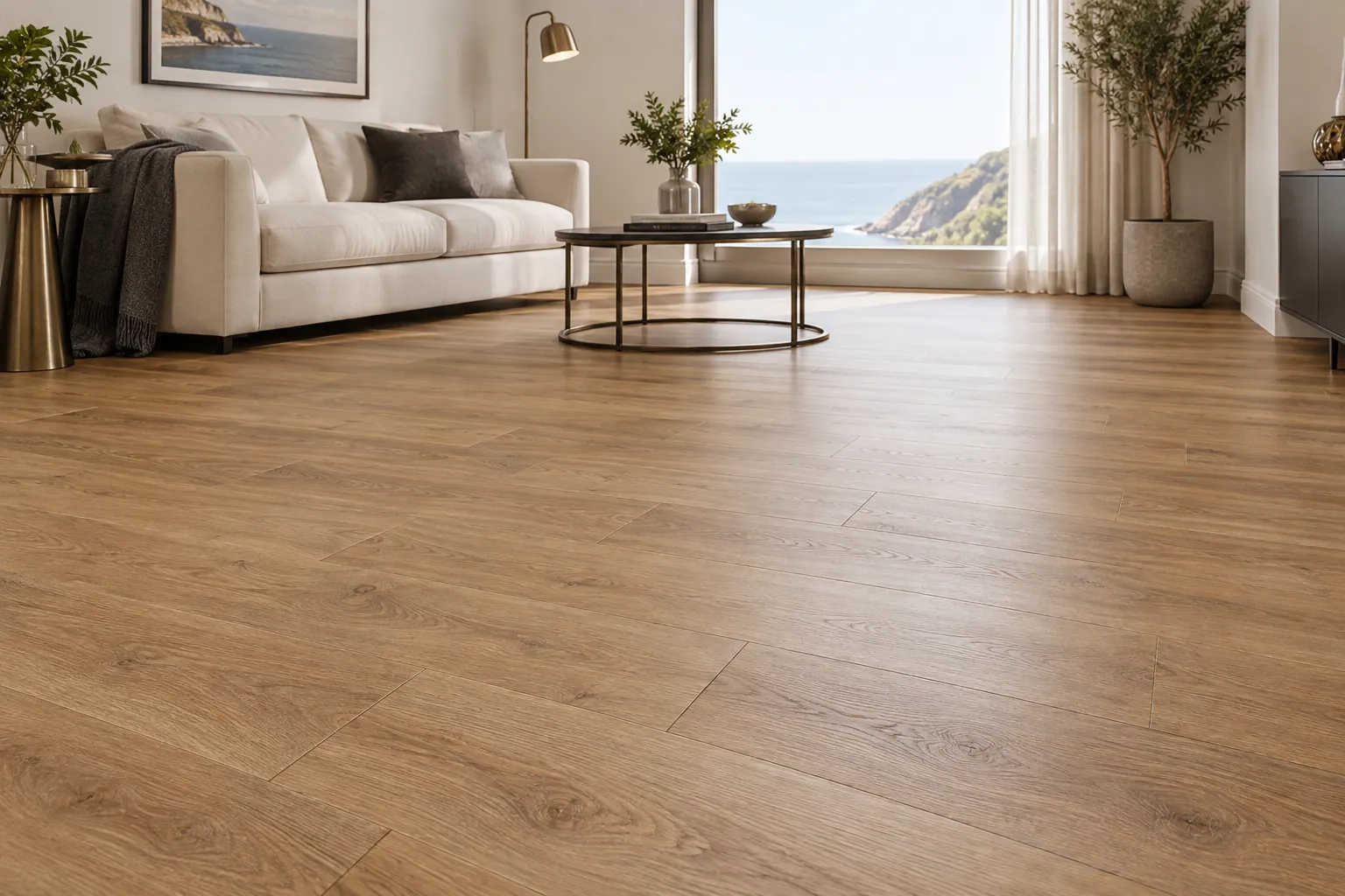 Living room with oak-look laminate flooring and sea view