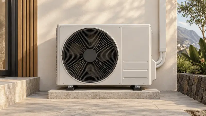 Air-conditioning outdoor unit on a stone base next to a house