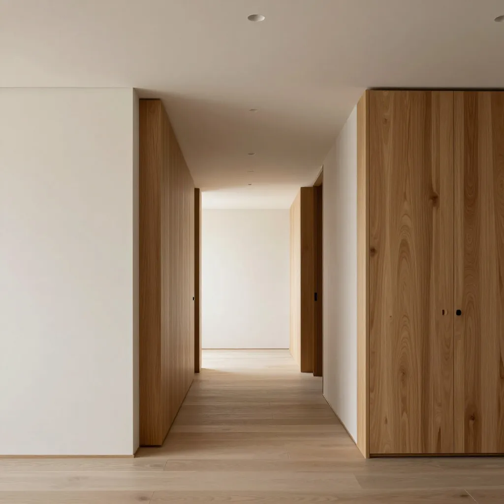 Bright renovated interior with white walls and oak panelling