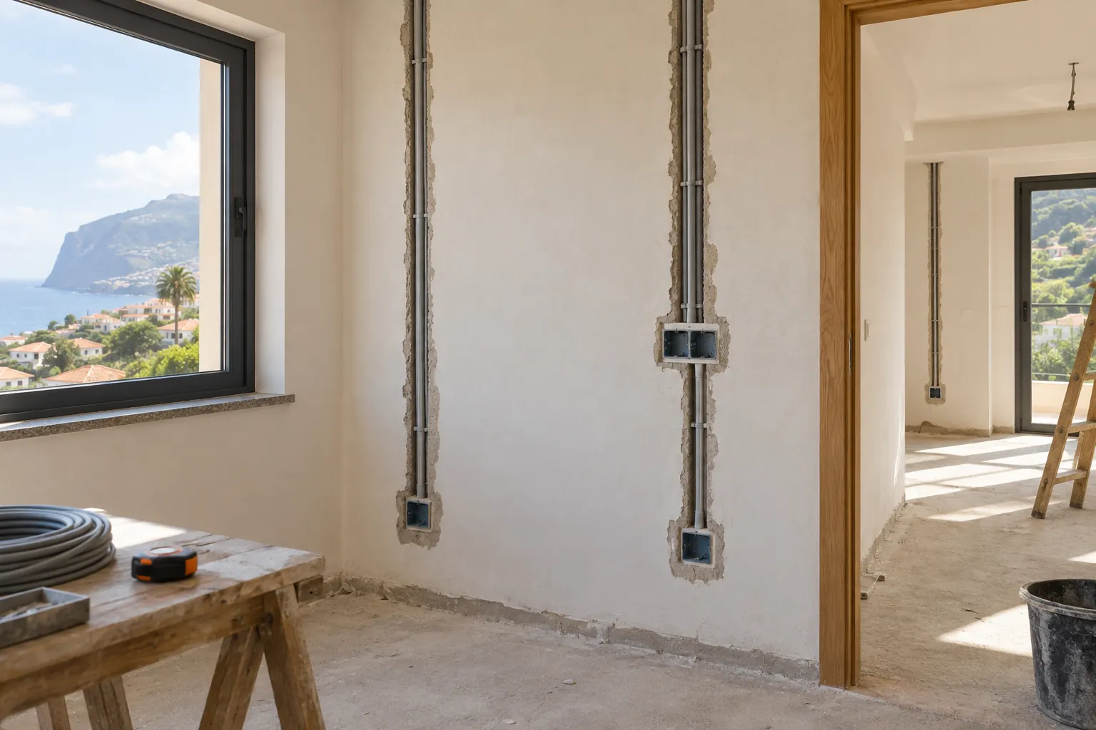 Electrical conduits and new socket boxes in a wall during renovation