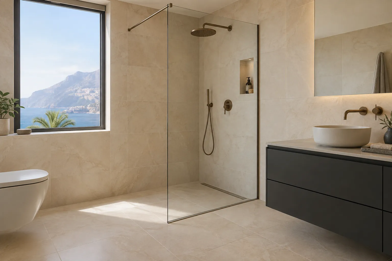 Bathroom with large beige tiles, walk-in shower and sea view