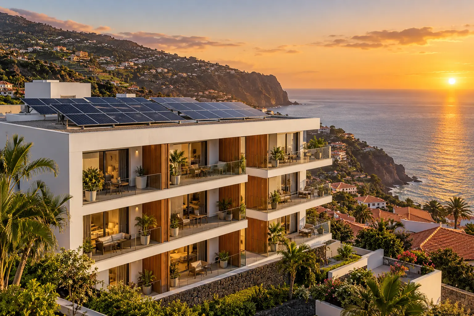Apartment building with rooftop solar panels at sunset by the sea
