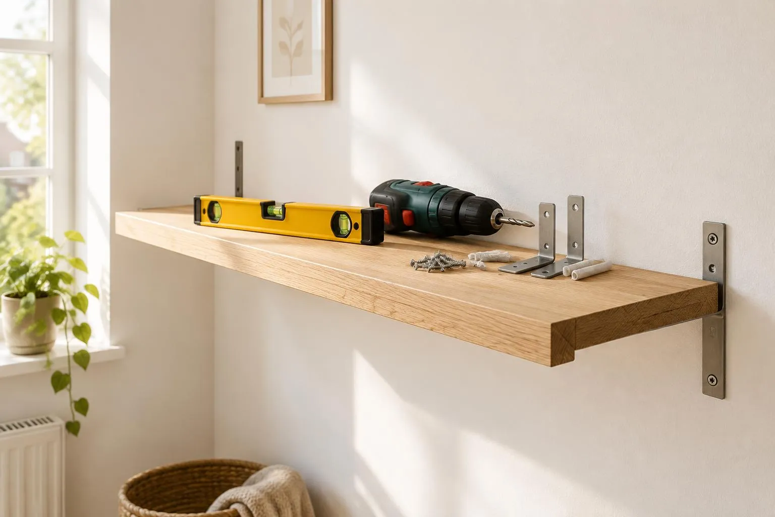 Oak wall shelf being mounted, with a spirit level, drill and brackets