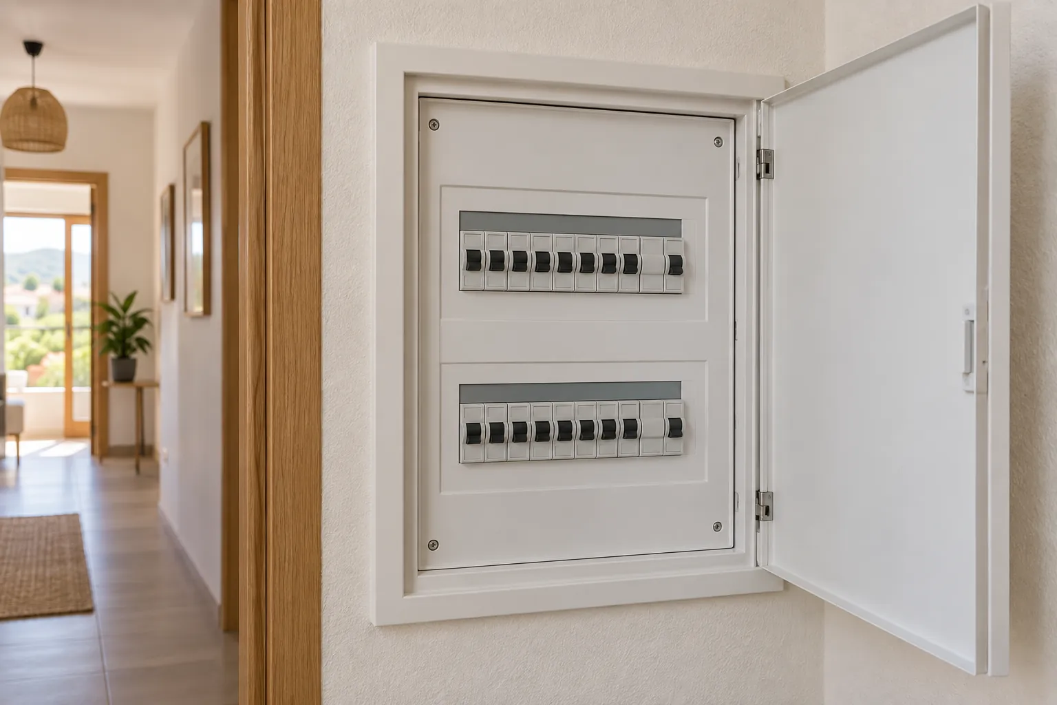 Open distribution board with circuit breakers in a bright hallway