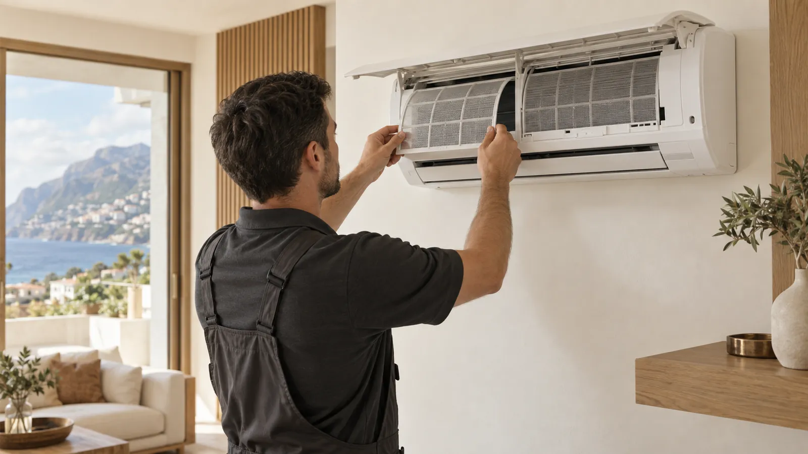 Technician cleaning the filters of a wall-mounted air conditioner