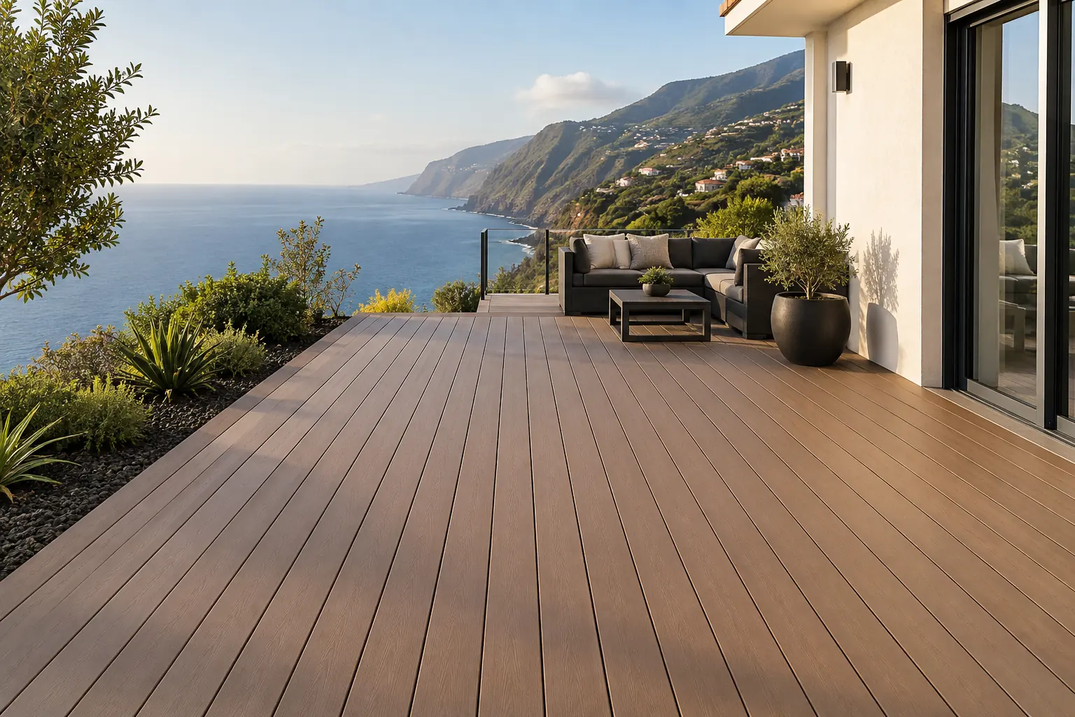 WPC composite decking on a terrace above Madeira's coast