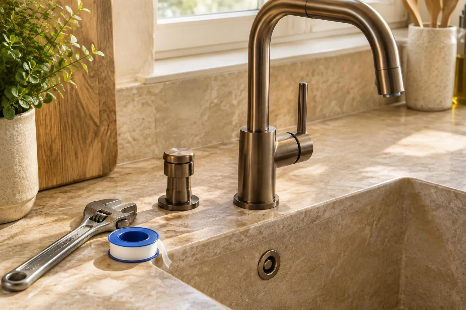 Close-up of a bronze kitchen tap with a wrench and sealing tape
