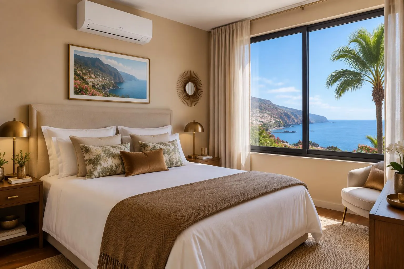 Bright bedroom with a wall-mounted air conditioner and a sea view