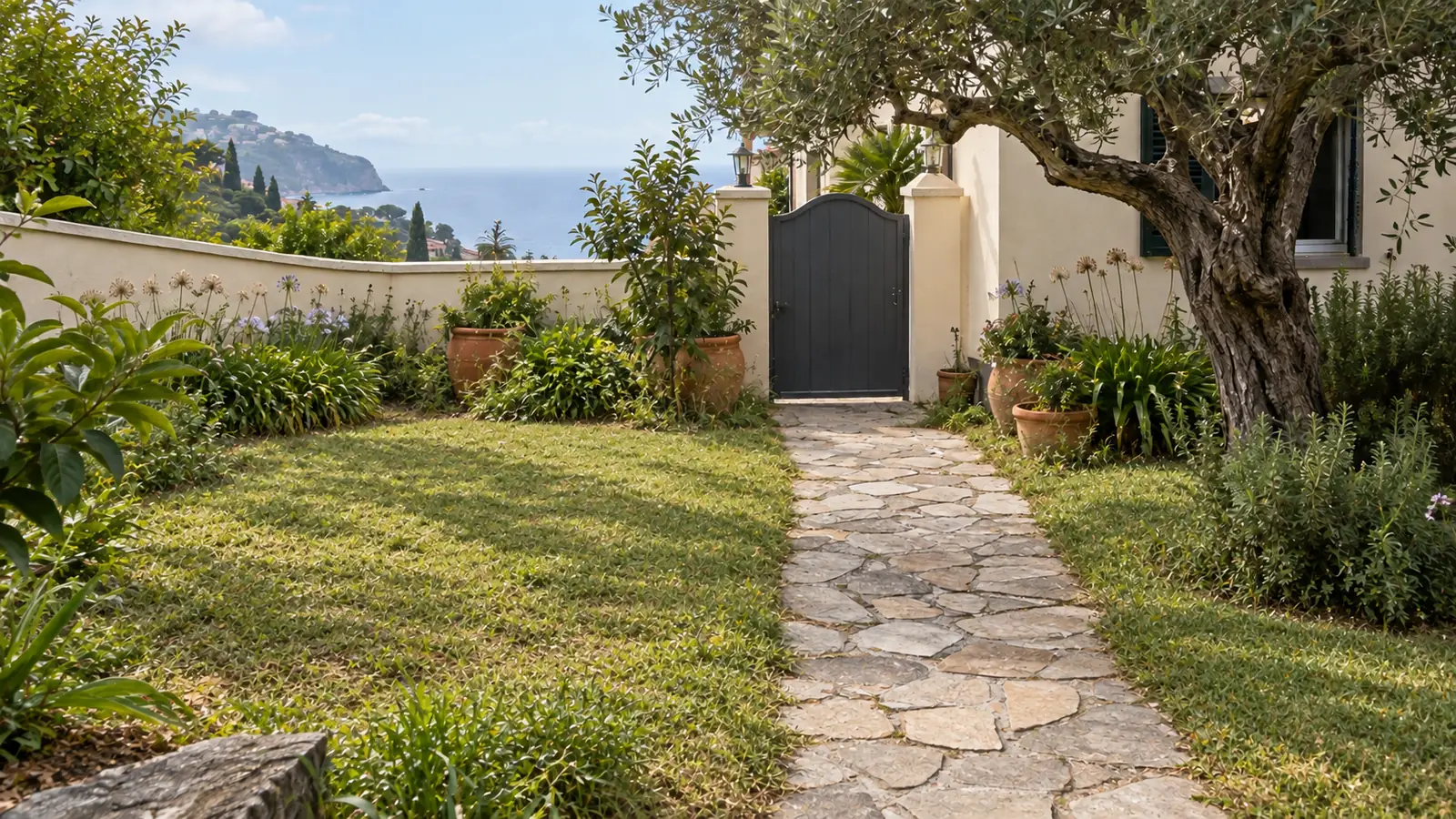 Tidy garden with a stone path, olive tree and sea view