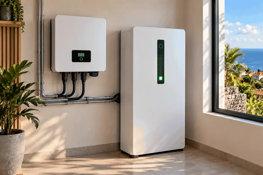 Hybrid inverter and home battery on a wall, battery charging