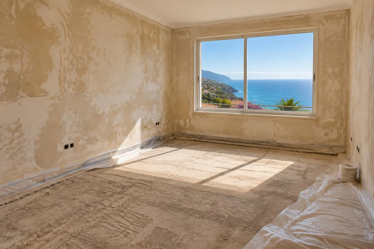 Bright empty room stripped back to bare walls and screed, ready for renovation