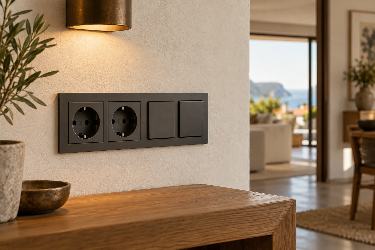 Dark sockets and switches on a plastered wall with a bronze wall light