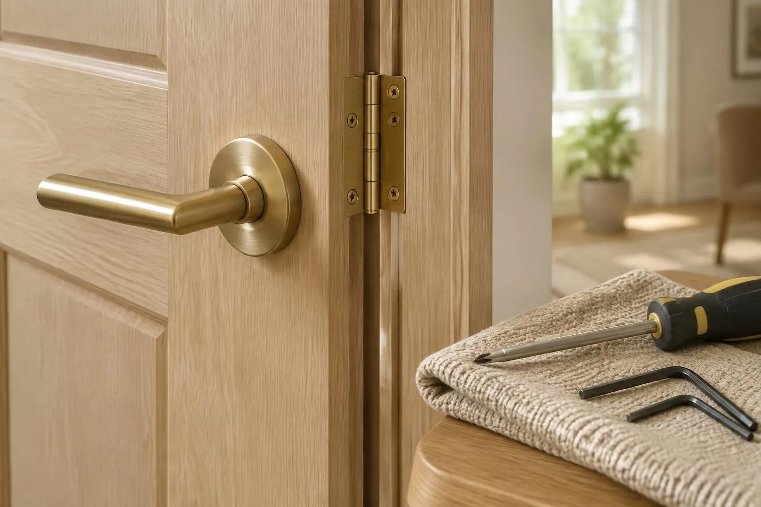 Oak door with brass handle and hinge, with a screwdriver and hex keys for adjustment