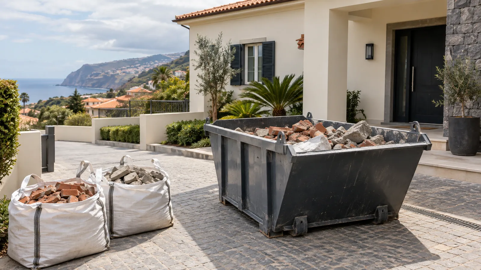 Skip and bulk bags with demolition debris in front of a house